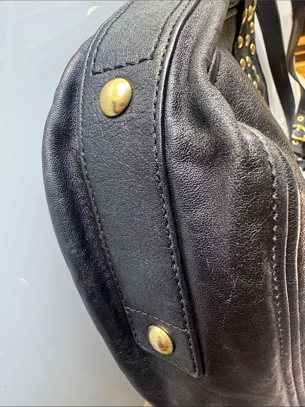 Coach Zoe Black Leather Shoulder Bag with Gold Studs